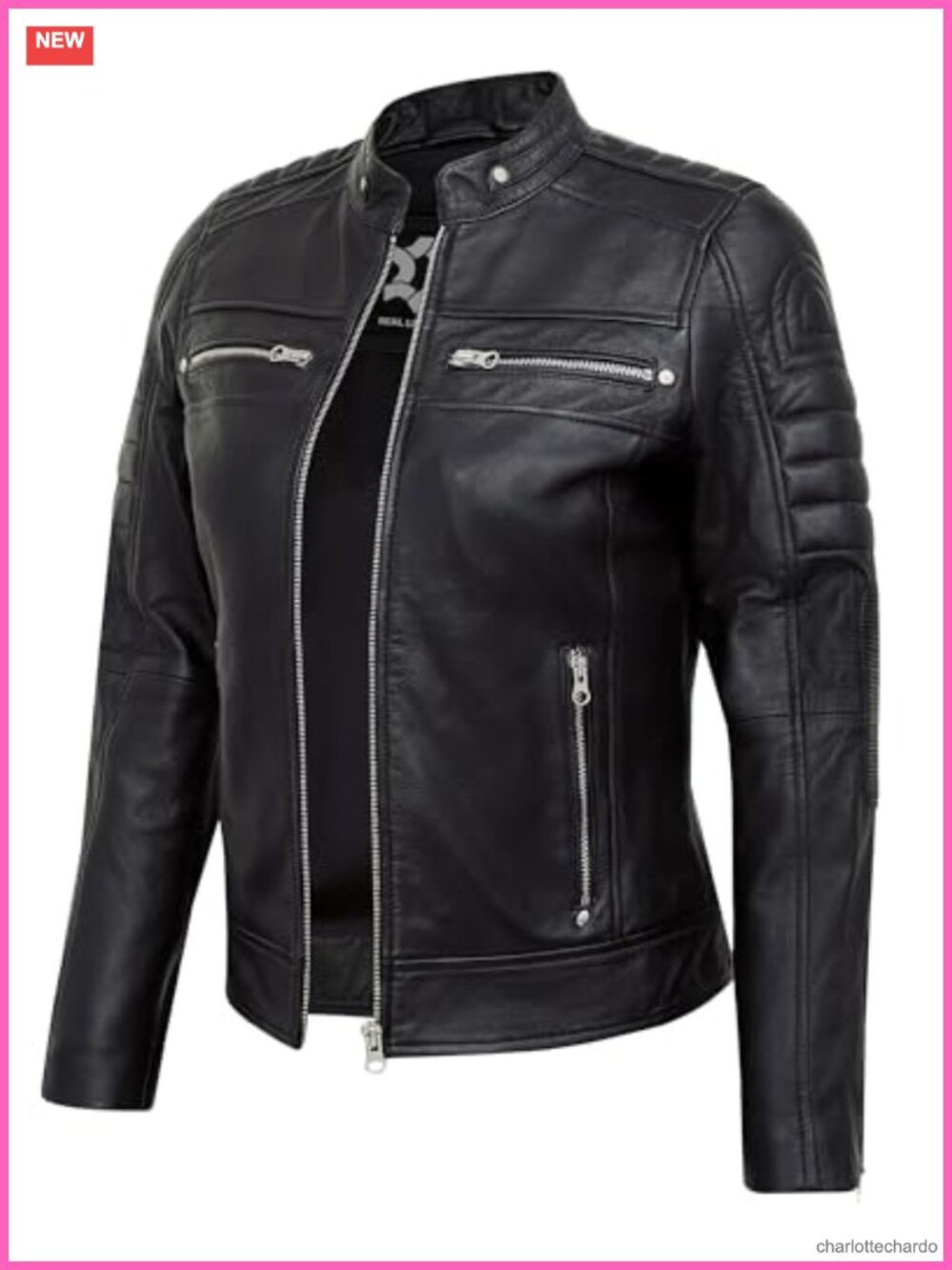 Real Lambskin Leather Jacket Women Cafe Racer Motorcycle Biker